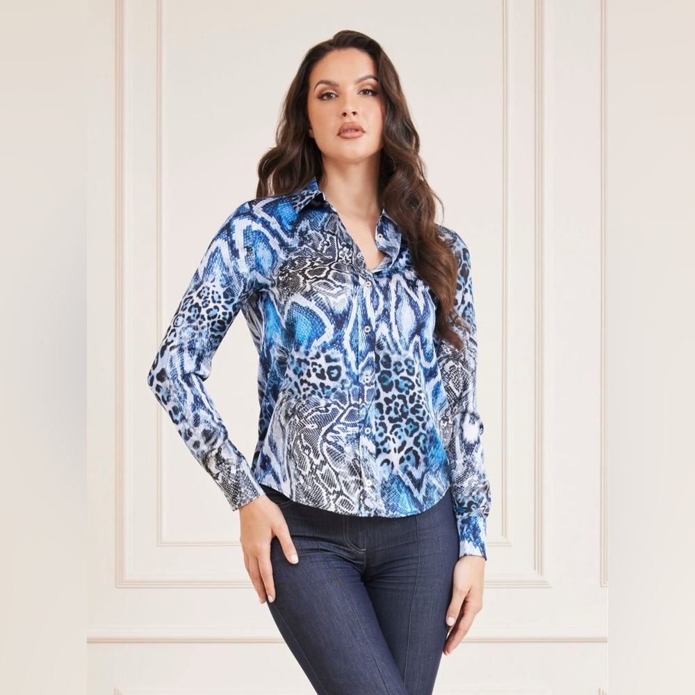 New Marciano Guess All Over Printed Long Sleeve Button Blouse $138 S 2